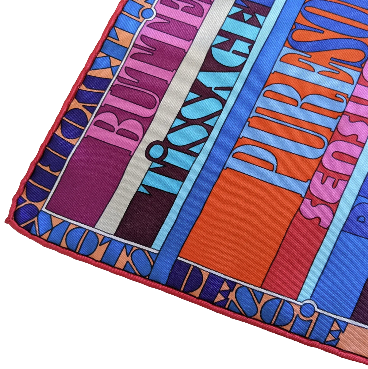 Hermes 2011 Rouge/Multi "Mots de Soie" by Virginie Jamin Gavroche Pocket Scarf 45
