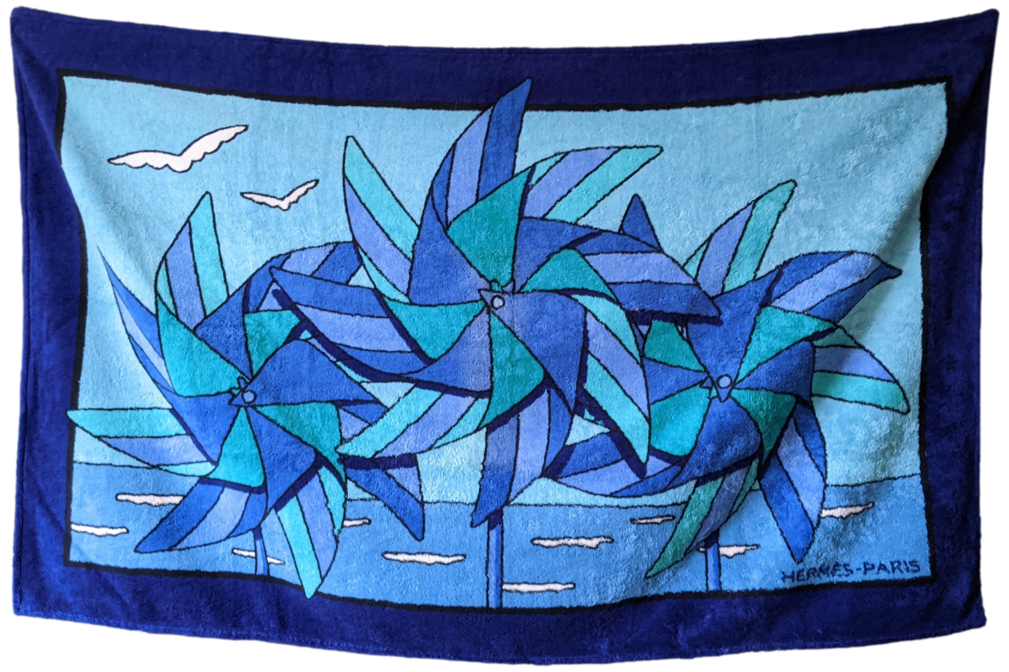 Hermes Vintage Blue "Moulins a Vent" Tapis de Plage Terry Beach Towel GM 90 x 150 cm
