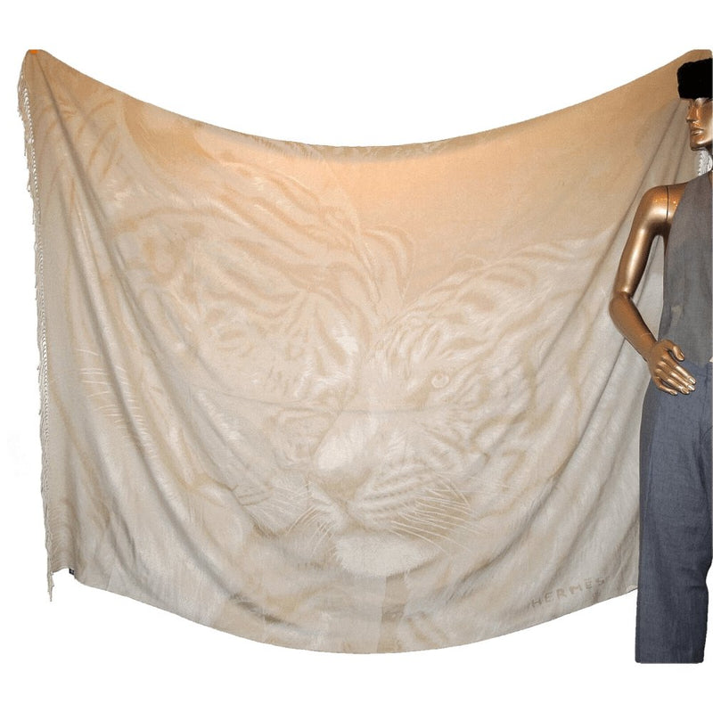 Hermes Natural Beige Cashmere and Silk Shawl Plaid Chettah Tiger 88" x 59", So Chic! - poupishop