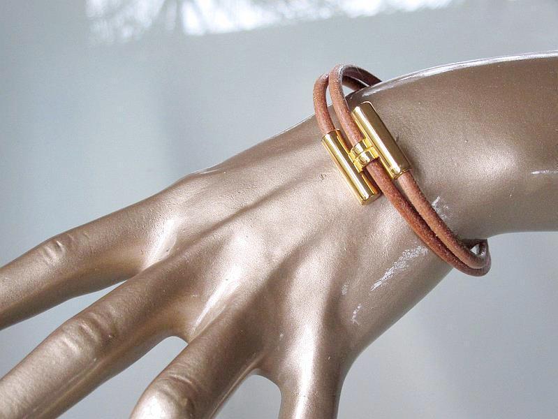 Hermes Natural Leather & Plated Gold Unisex Bracelet Tournis, New! - poupishop