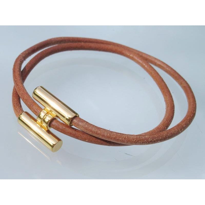 Hermes Natural Leather & Plated Gold Unisex Bracelet Tournis, New! - poupishop