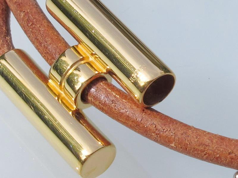 Hermes Natural Leather & Plated Gold Unisex Bracelet Tournis, New! - poupishop