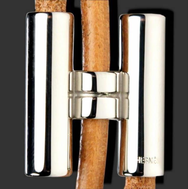 Hermes Natural Leather & Plated Silver Unisex Bracelet Tournis, New! - poupishop