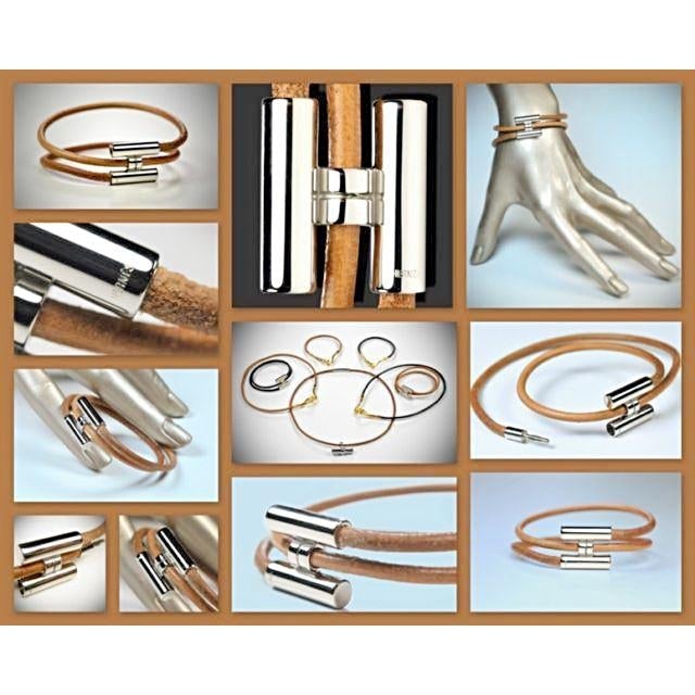 Hermes Natural Leather & Plated Silver Unisex Bracelet Tournis, New! - poupishop