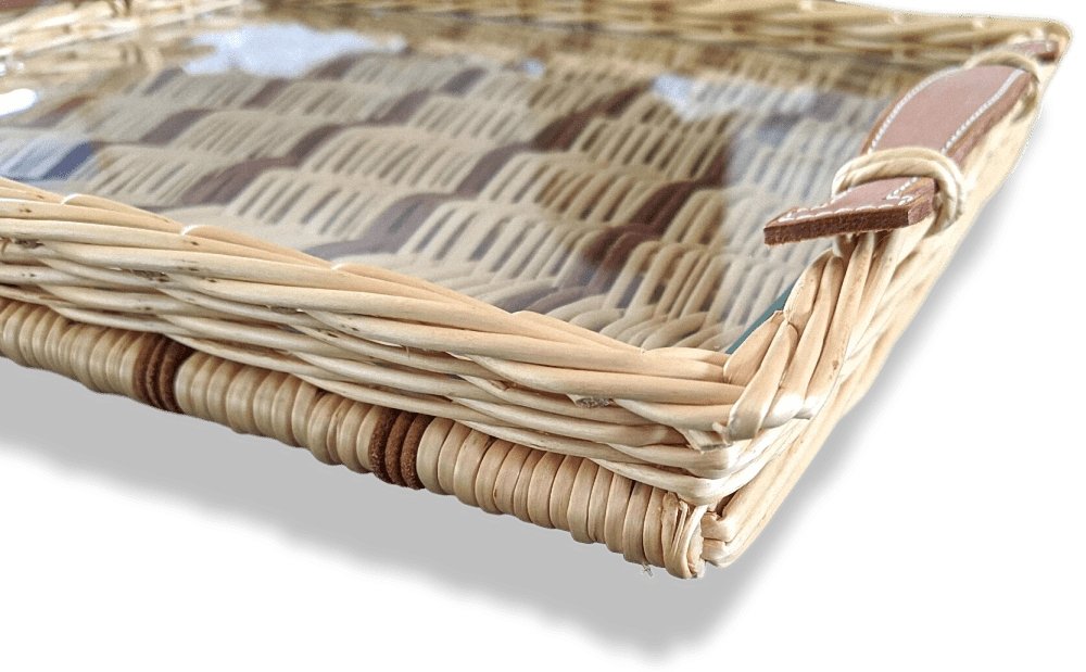 Hermes Natural with Dark Brown Stripes OSERAIE Wicker Tray with Leather Handles TPM, NIB! - poupishop