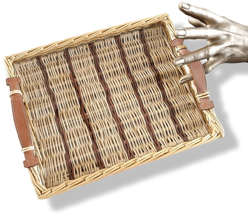 Hermes Natural with Dark Brown Stripes OSERAIE Wicker Tray with Leather  Handles TPM NIB!