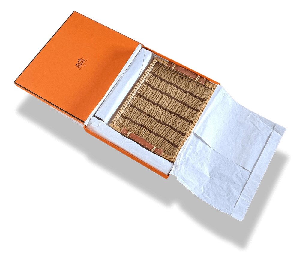Hermes Natural with Dark Brown Stripes OSERAIE Wicker Tray with Leather Handles TPM, NIB! - poupishop