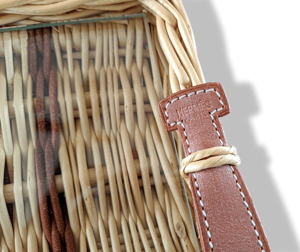 Hermes Natural with Dark Brown Stripes OSERAIE Wicker Tray with Leather Handles TPM, NIB! - poupishop