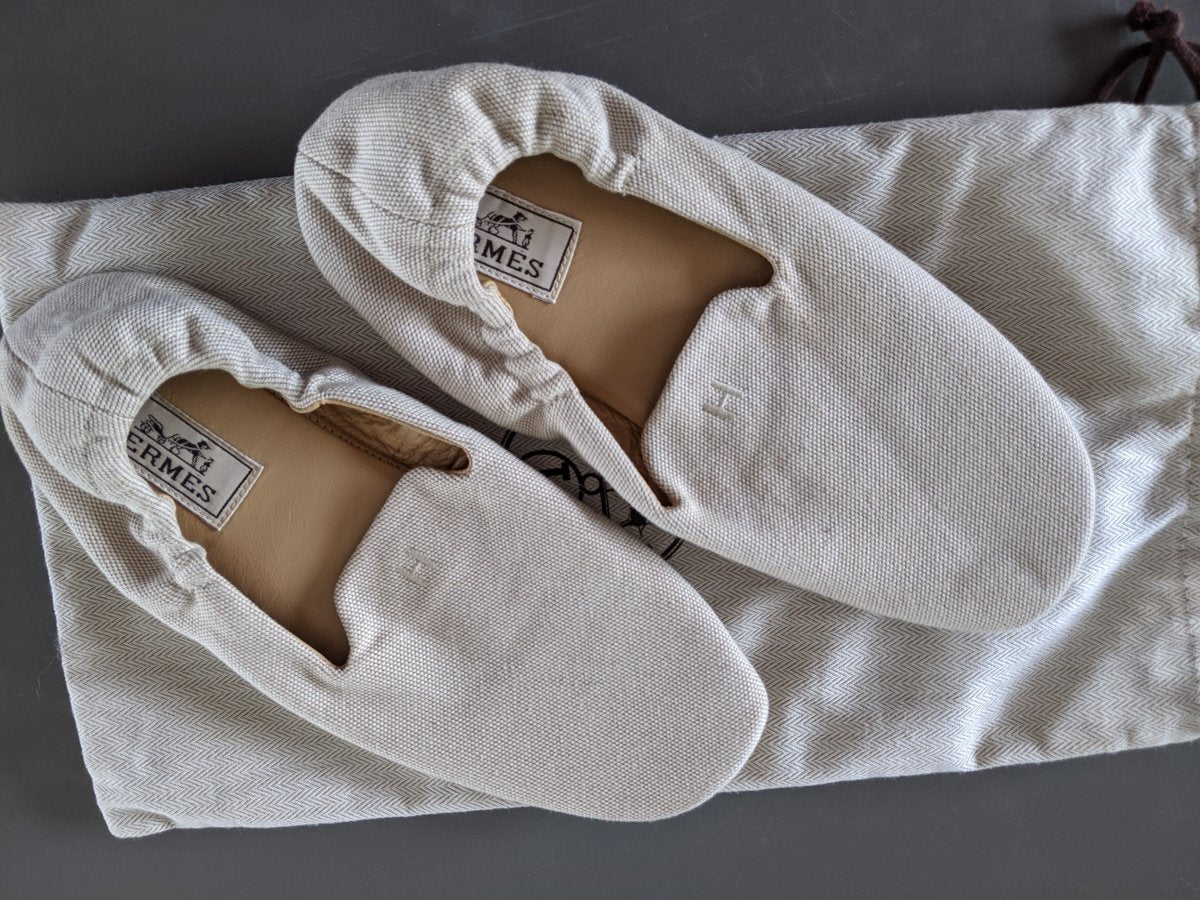 Hermes Natural Women Canvas and Leather Slippers Shoes H, Sz39, New! - poupishop