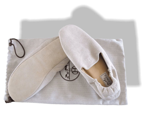 Hermes Natural Women Canvas and Leather Slippers Shoes H, Sz39, New! - poupishop