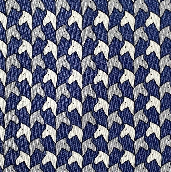 Hermes Navy Acier Grey Foals POULAINS Twill Silk Tie 7cm, NWT in Pochette! - poupishop