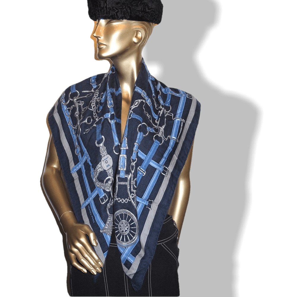 Hermes Navy Blue Anthracite Flamboyant Web by Daiske Nomura Unisex Cashmere 100 cm, Mint! - poupishop