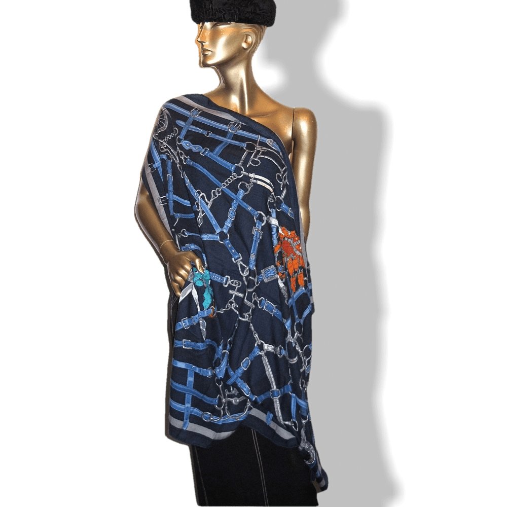 Hermes Navy Blue Anthracite Flamboyant Web by Daiske Nomura Unisex Cashmere 100 cm, Mint! - poupishop