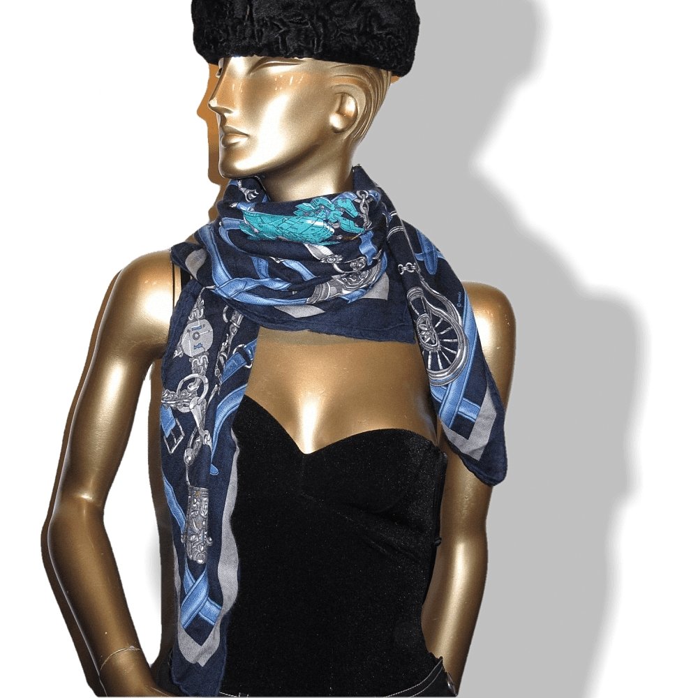 Hermes Navy Blue Anthracite Flamboyant Web by Daiske Nomura Unisex Cashmere 100 cm, Mint! - poupishop