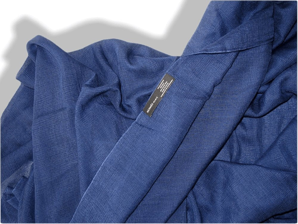 Hermes Navy Blue Plume Allumette Handwoven in Nepal 75% Cashmere Stole GM, Mint in Box! - poupishop