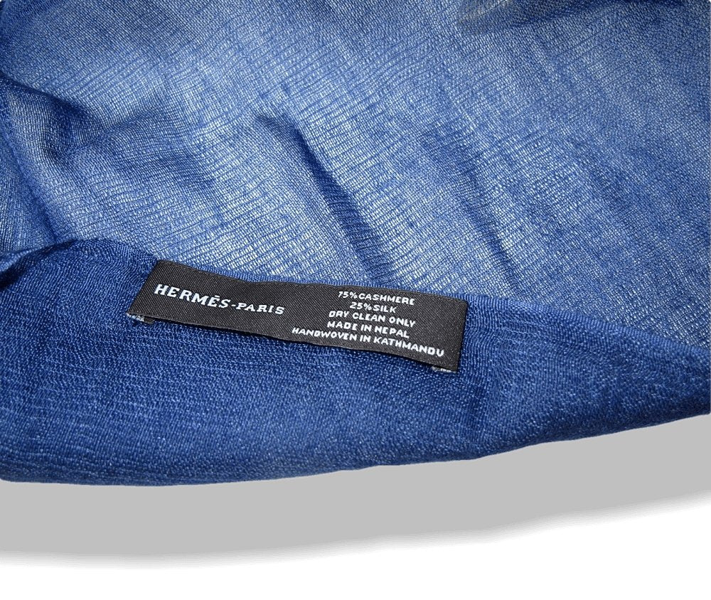 Hermes Navy Blue Plume Allumette Handwoven in Nepal 75% Cashmere Stole GM, Mint in Box! - poupishop
