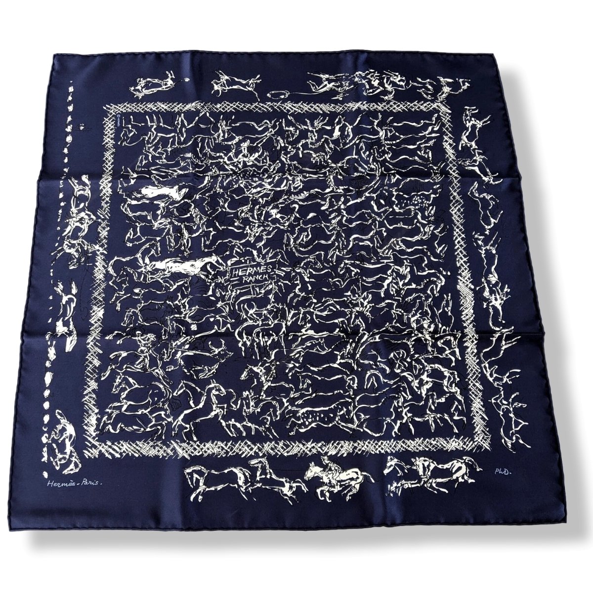 Hermes Navy Blue/White Special Issue RANCH BANDANA by Philippe Dumas Twill Silk Carre 55, Mint! - poupishop