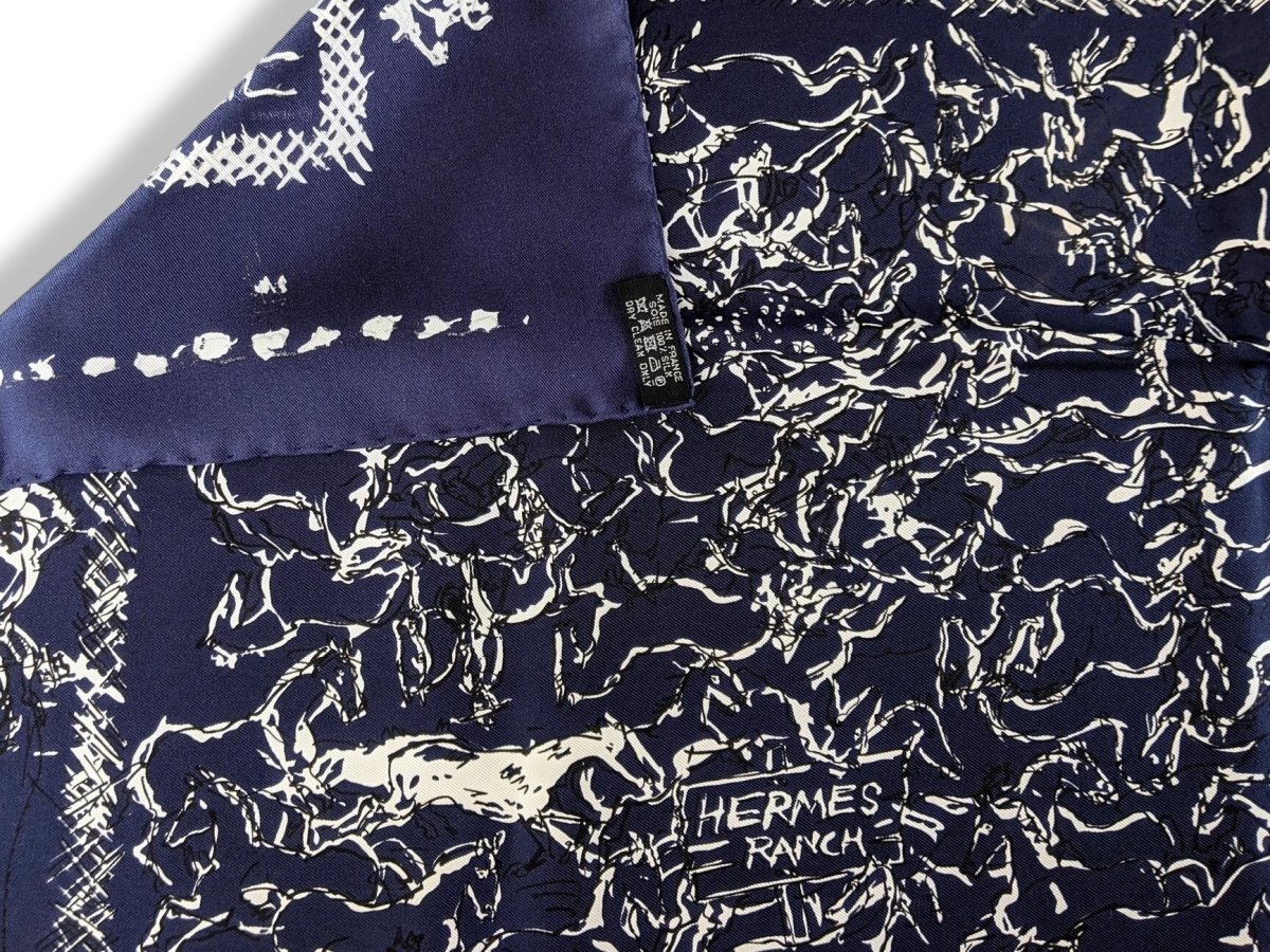 Hermes Navy Blue/White Special Issue RANCH BANDANA by Philippe Dumas Twill Silk Carre 55, Mint! - poupishop