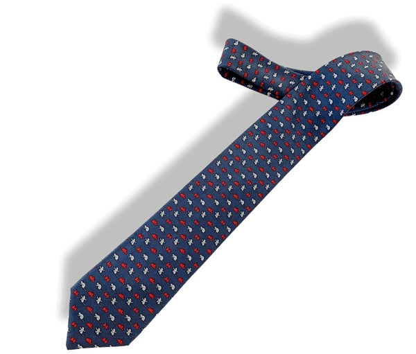 Hermes Navy Grey Red Beaver CASTOR CONSTRUCTOR Twill Silk Tie, NWT in Pochette! - poupishop