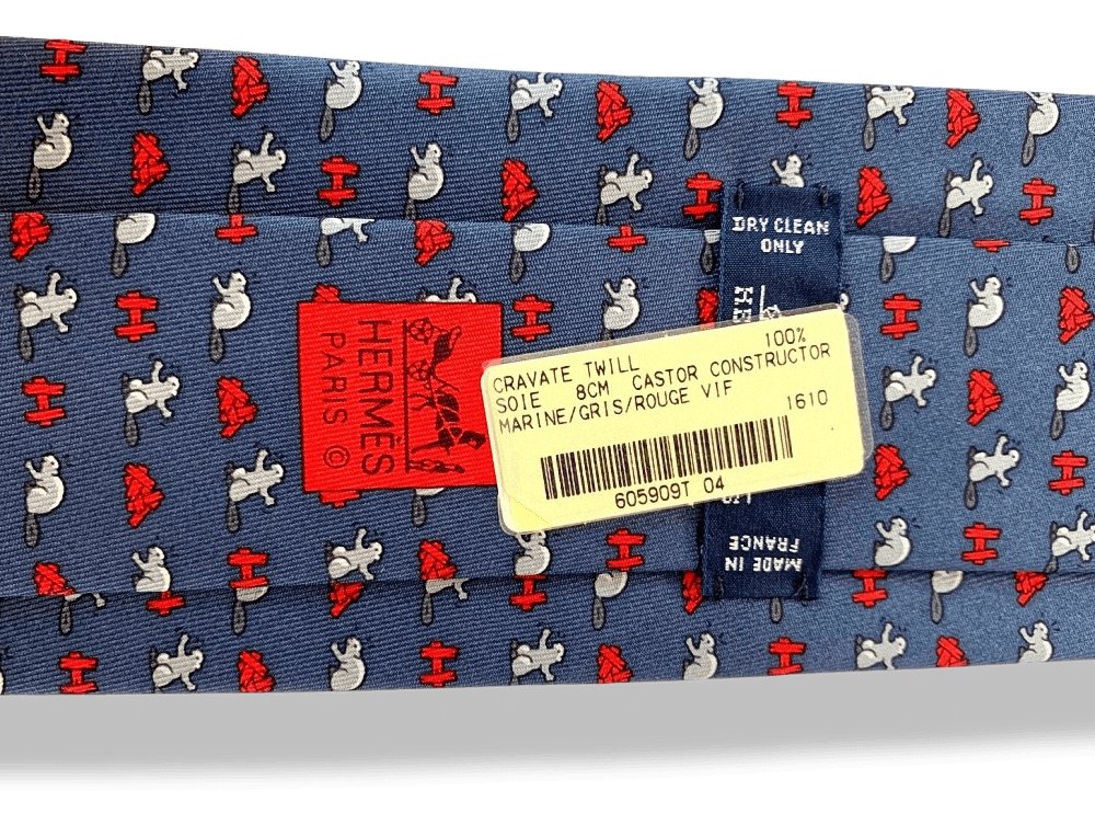 Hermes Navy Grey Red Beaver CASTOR CONSTRUCTOR Twill Silk Tie, NWT in Pochette! - poupishop