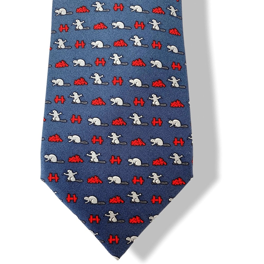 Hermes Navy Grey Red Beaver CASTOR CONSTRUCTOR Twill Silk Tie, NWT in Pochette! - poupishop