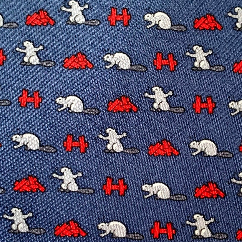 Hermes Navy Grey Red Beaver CASTOR CONSTRUCTOR Twill Silk Tie, NWT in Pochette! - poupishop