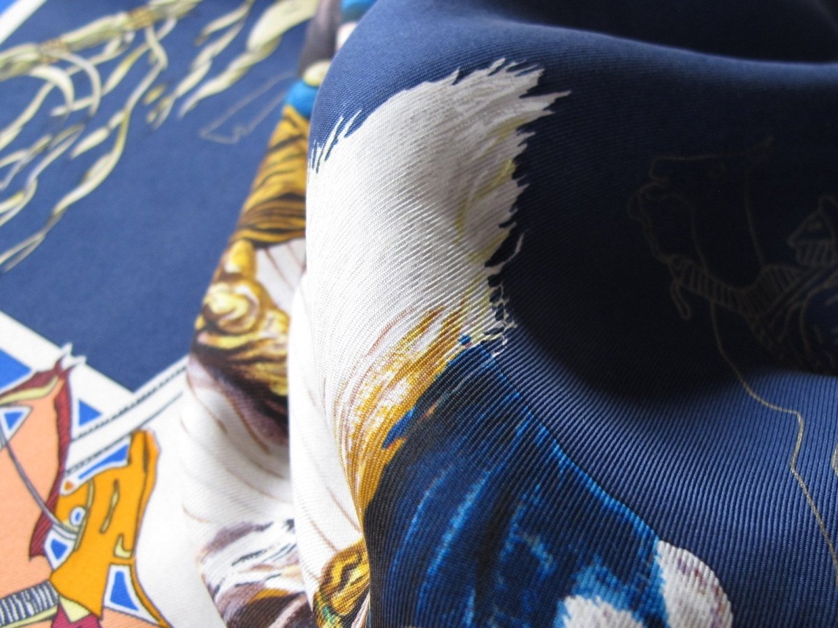 Hermes Navy King Blue Orange Pani La Shar Pawnee by Kermit Oliver Wash Silk Carre 90cm, Box! - poupishop