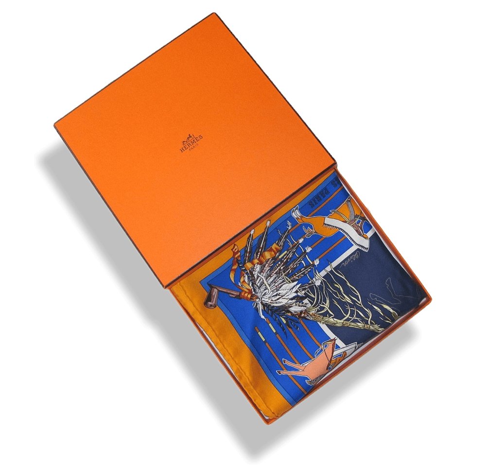 Hermes Navy King Blue Orange Pani La Shar Pawnee by Kermit Oliver Wash Silk Carre 90cm, Box! - poupishop