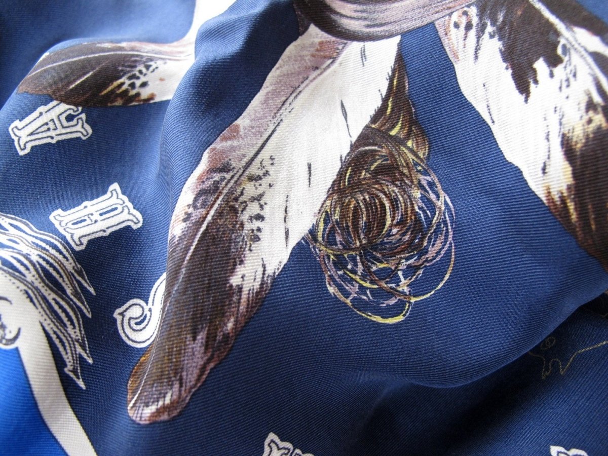 Hermes Navy King Blue Orange Pani La Shar Pawnee by Kermit Oliver Wash Silk Carre 90cm, Box! - poupishop