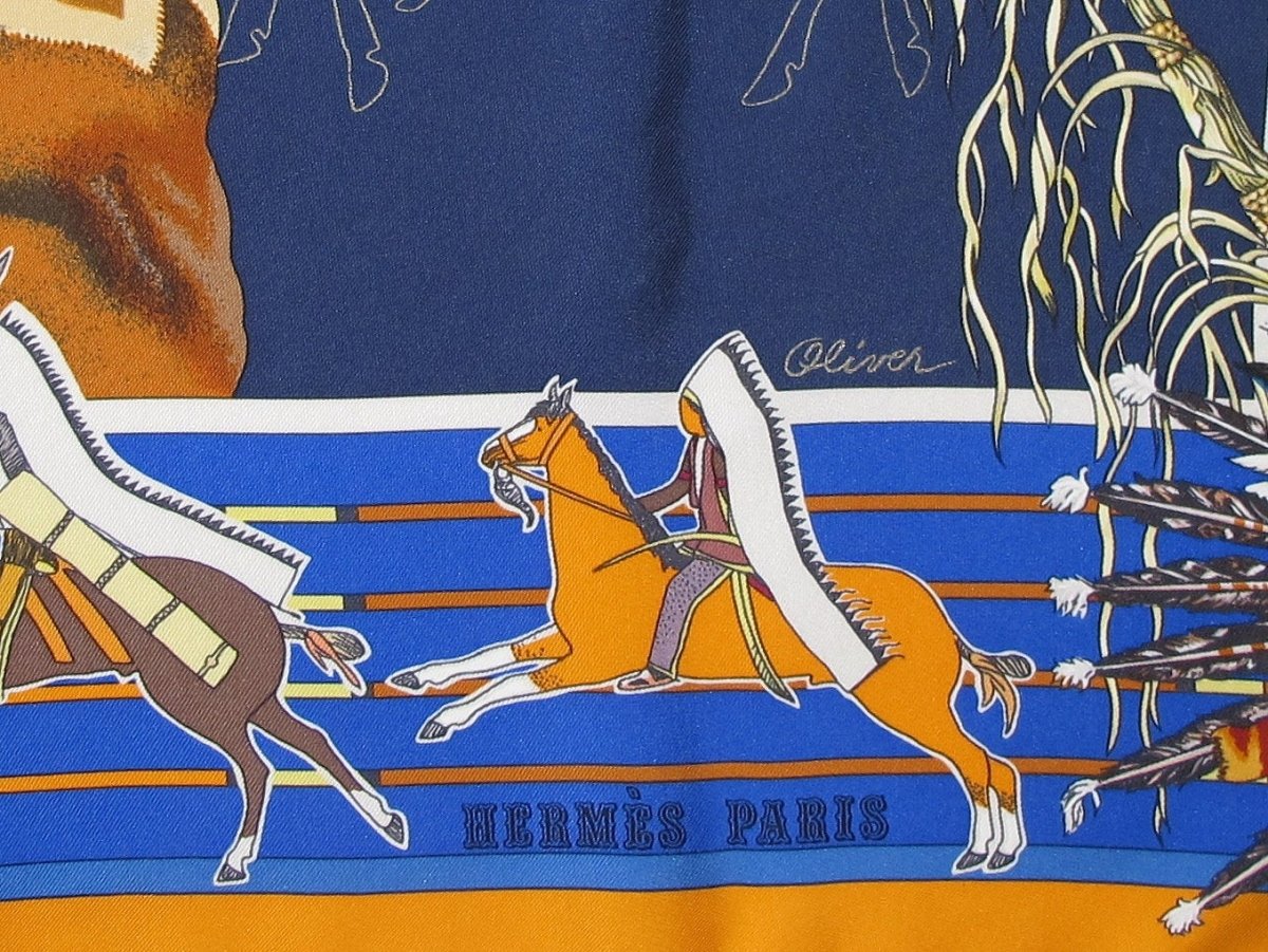 Hermes Navy King Blue Orange Pani La Shar Pawnee by Kermit Oliver Wash Silk Carre 90cm, Box! - poupishop