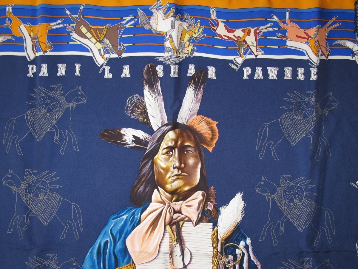 Hermes Navy King Blue Orange Pani La Shar Pawnee by Kermit Oliver Wash Silk Carre 90cm, Box! - poupishop