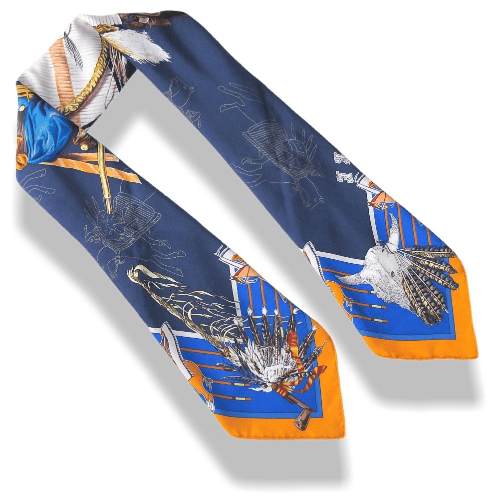 Hermes Navy King Blue Orange Pani La Shar Pawnee by Kermit Oliver Wash Silk Carre 90cm, Box! - poupishop