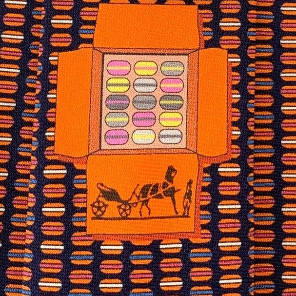 Hermes Navy Orange White Macaroons MACARONS Twill Silk Tie, NWT in Pochette! - poupishop