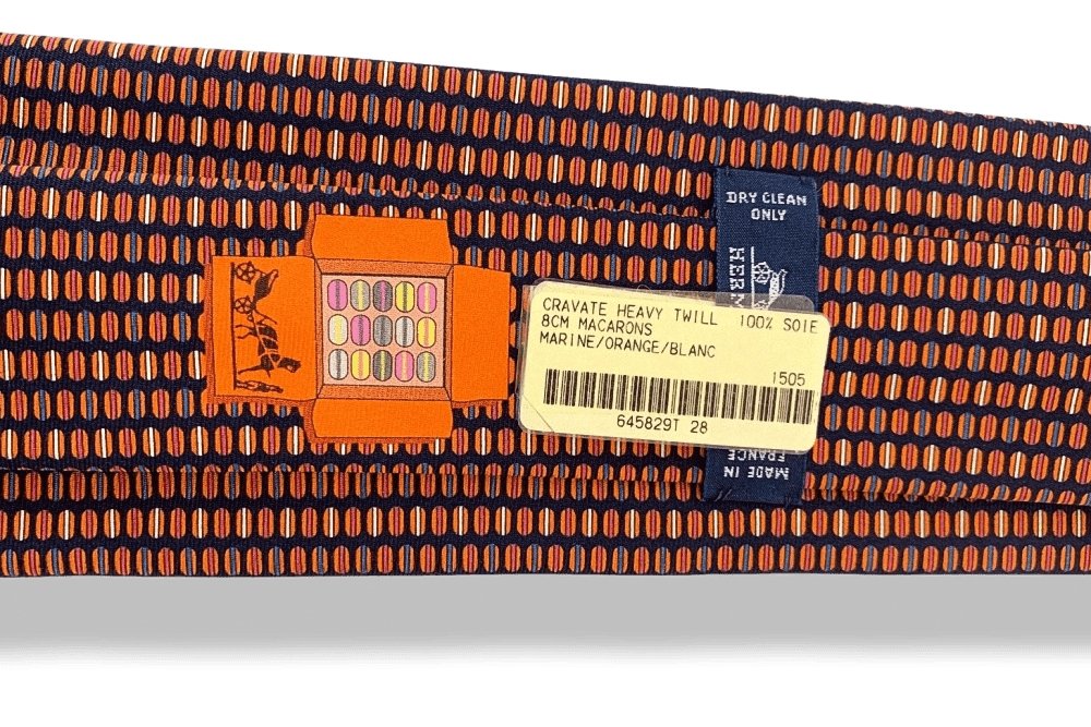 Hermes Navy Orange White Macaroons MACARONS Twill Silk Tie, NWT in Pochette! - poupishop