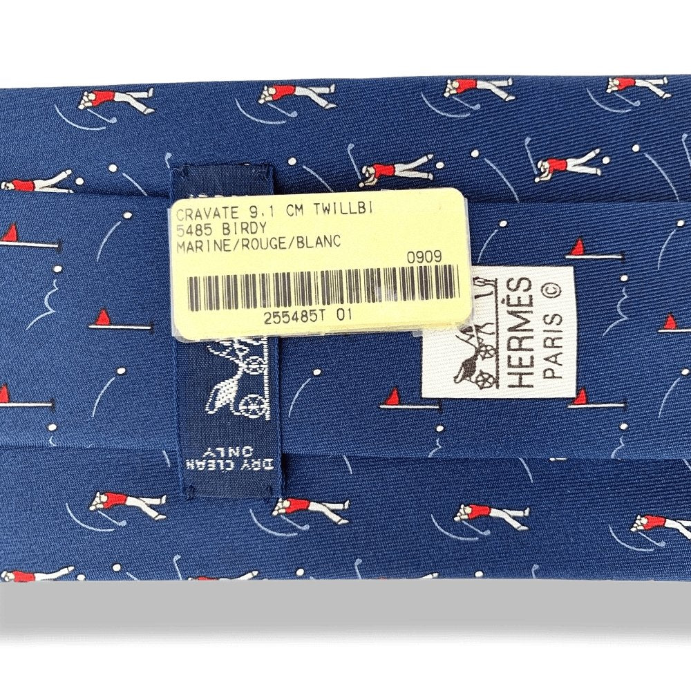Hermes Navy Red White Golf BIRDY Twill Silk Tie 9cm, New in Pochette! - poupishop