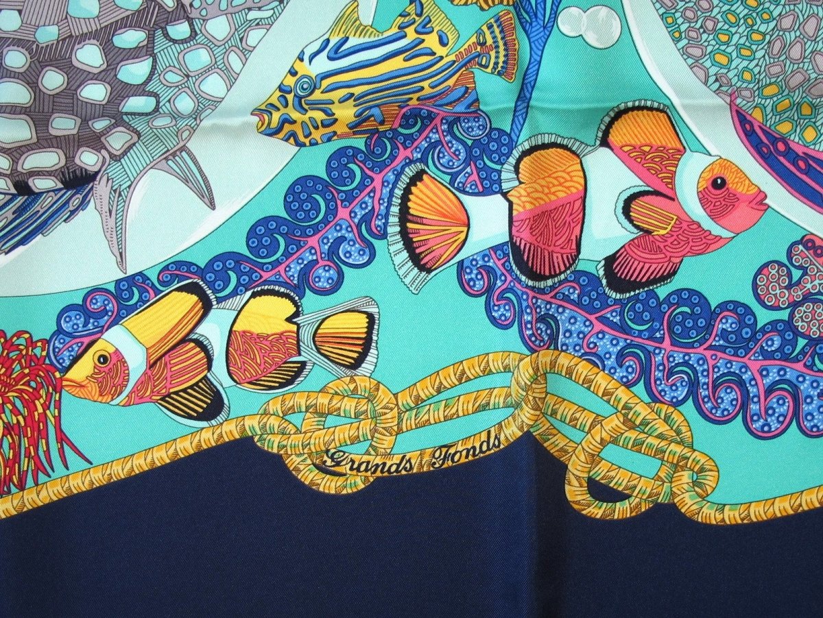 Hermes Navy Turquoise Grands Fonds by Annie Faivre wit Blanc Matte Overlay Twill Silk 90cm,New! - poupishop