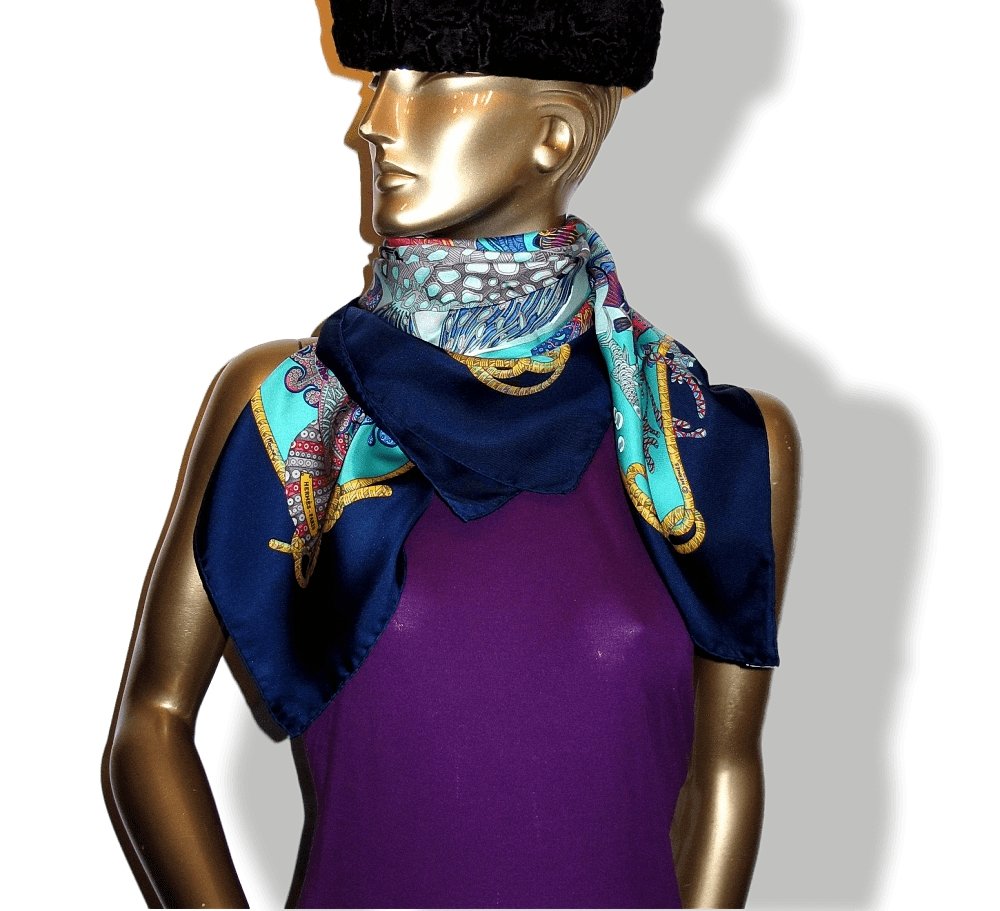 Hermes Navy Turquoise Grands Fonds by Annie Faivre wit Blanc Matte Overlay Twill Silk 90cm,New! - poupishop
