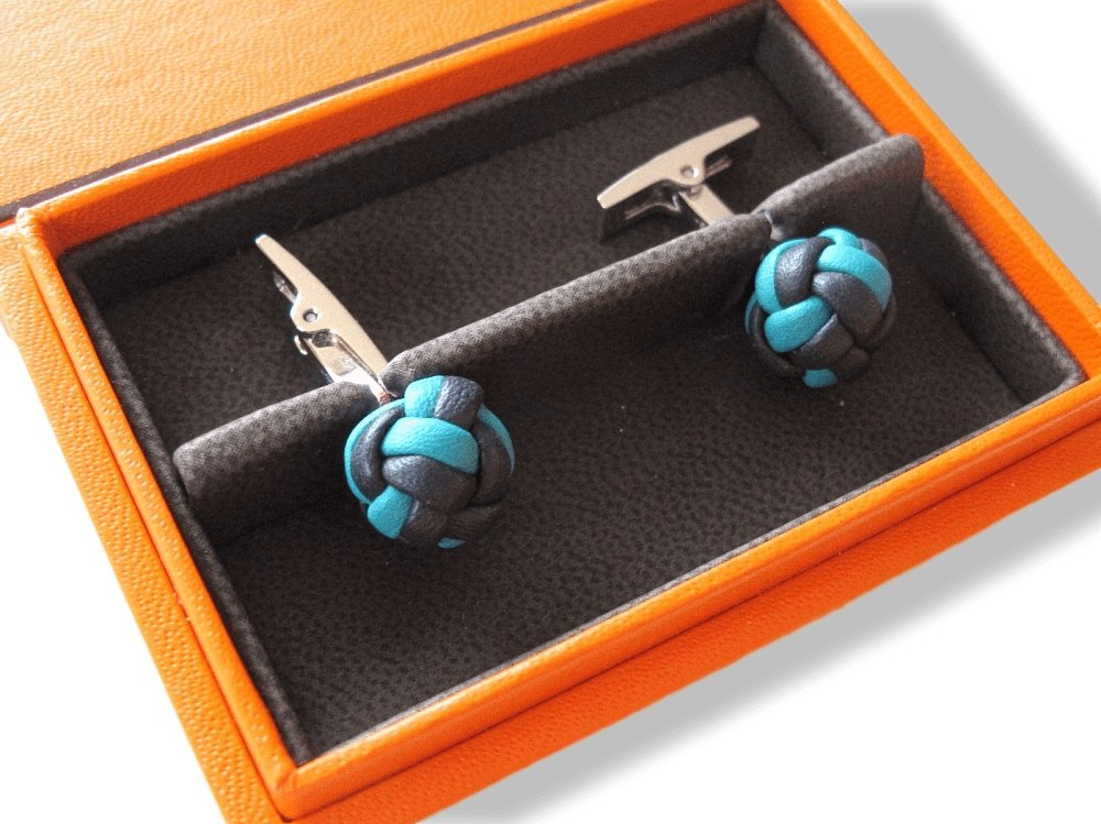Hermes Navy Turquoise Pompon Leather Knot Cuffflinks, NIB! - poupishop