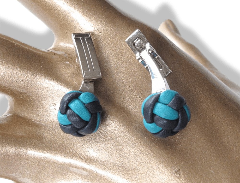 Hermes Navy Turquoise Pompon Leather Knot Cuffflinks, NIB! - poupishop