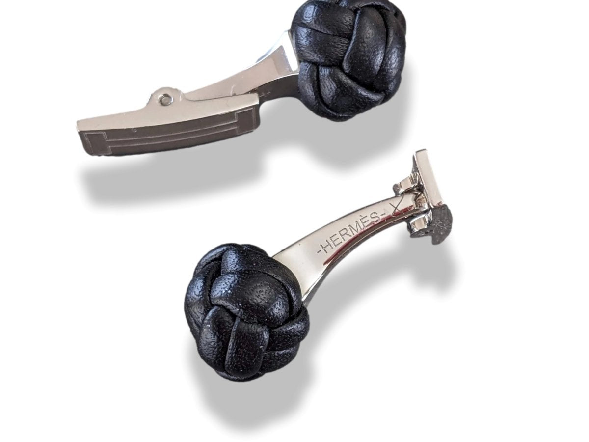 Hermes Noir Leather Pom-Pom Pompon knot Cufflinks, New in Pochette! - poupishop