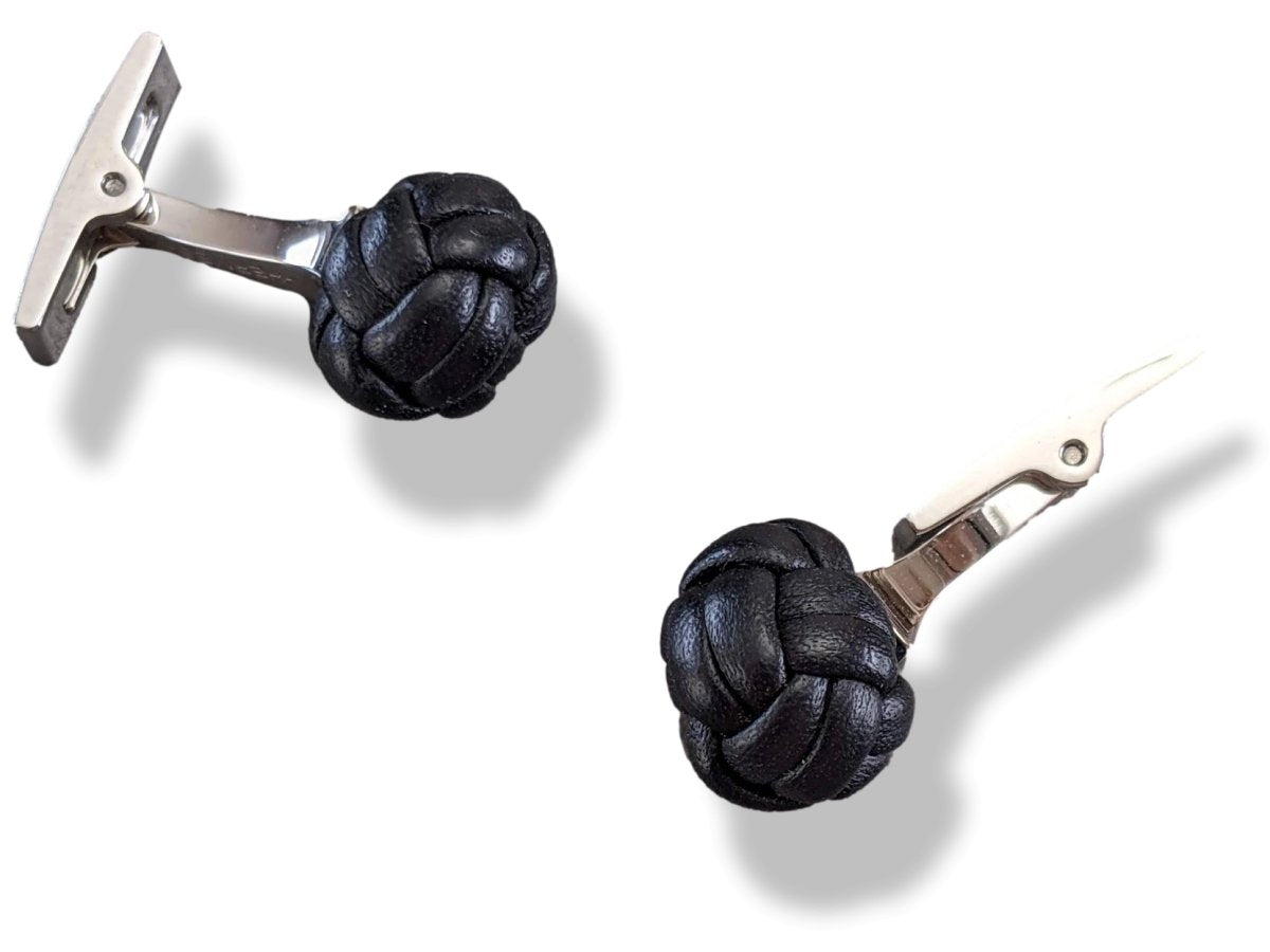 Hermes Noir Leather Pom-Pom Pompon knot Cufflinks, New in Pochette! - poupishop