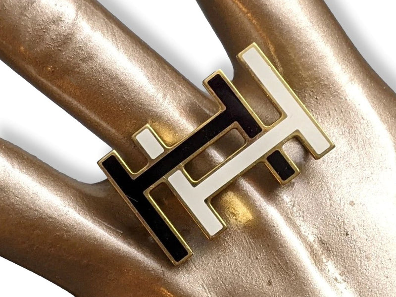 Hermes Noir/Blanc Plated Gold Laquered H AU CARRE Buckle 13 mm, Pochette! - poupishop