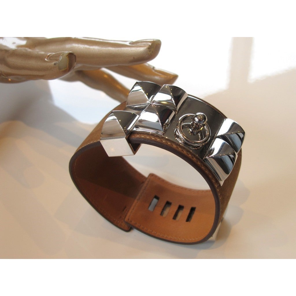Hermes Nutmeg Veau Doblis/Silver Collier de chien CDC Unisex Bracelet, NIB - poupishop