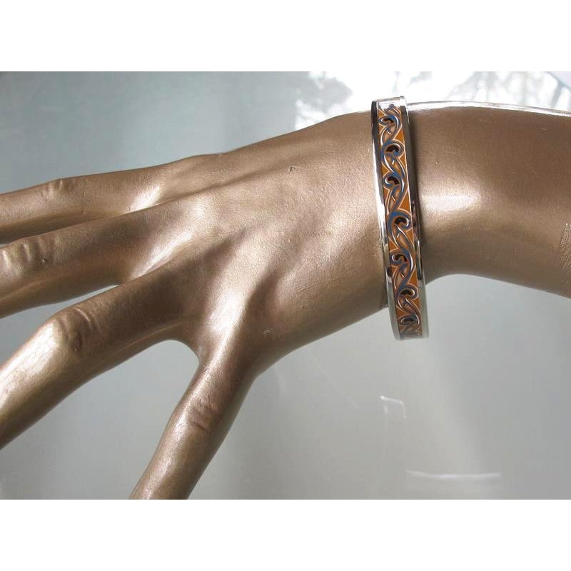 Hermes Ochre Blue Volutes Printed Enamel & Silver Bangle Bracelet, NIB! - poupishop