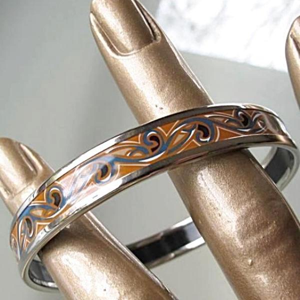 Hermes Ochre Blue Volutes Printed Enamel & Silver Bangle Bracelet, NIB! - poupishop