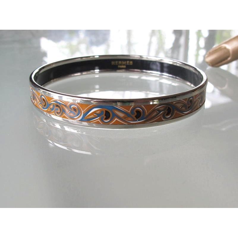Hermes Ochre Blue Volutes Printed Enamel & Silver Bangle Bracelet, NIB! - poupishop