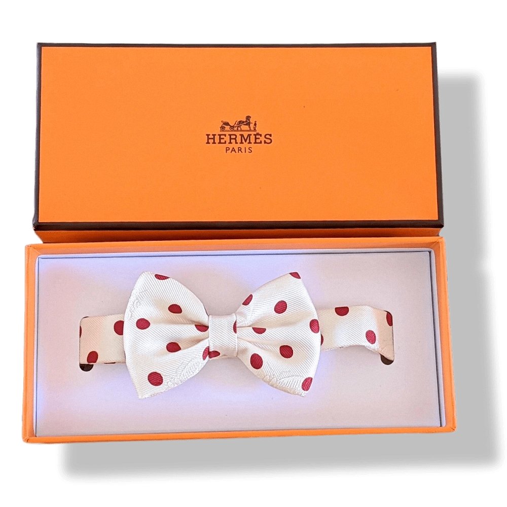 Hermes Off-White/Burgundy Dots Purple Red NOEUD PAPILLON EN CARRE Bow Tie for Woman Jacquard Twill Silk, BNIB! - poupishop