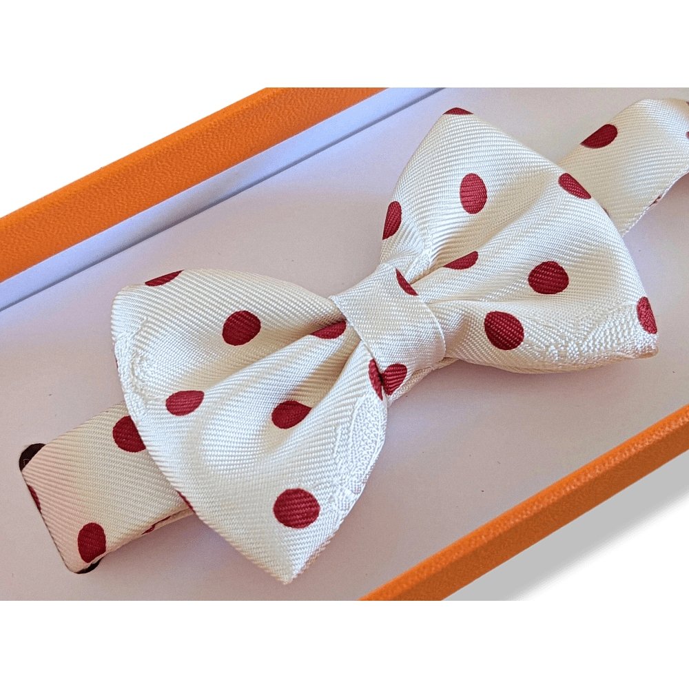 Hermes Off-White/Burgundy Dots Purple Red NOEUD PAPILLON EN CARRE Bow Tie for Woman Jacquard Twill Silk, BNIB! - poupishop