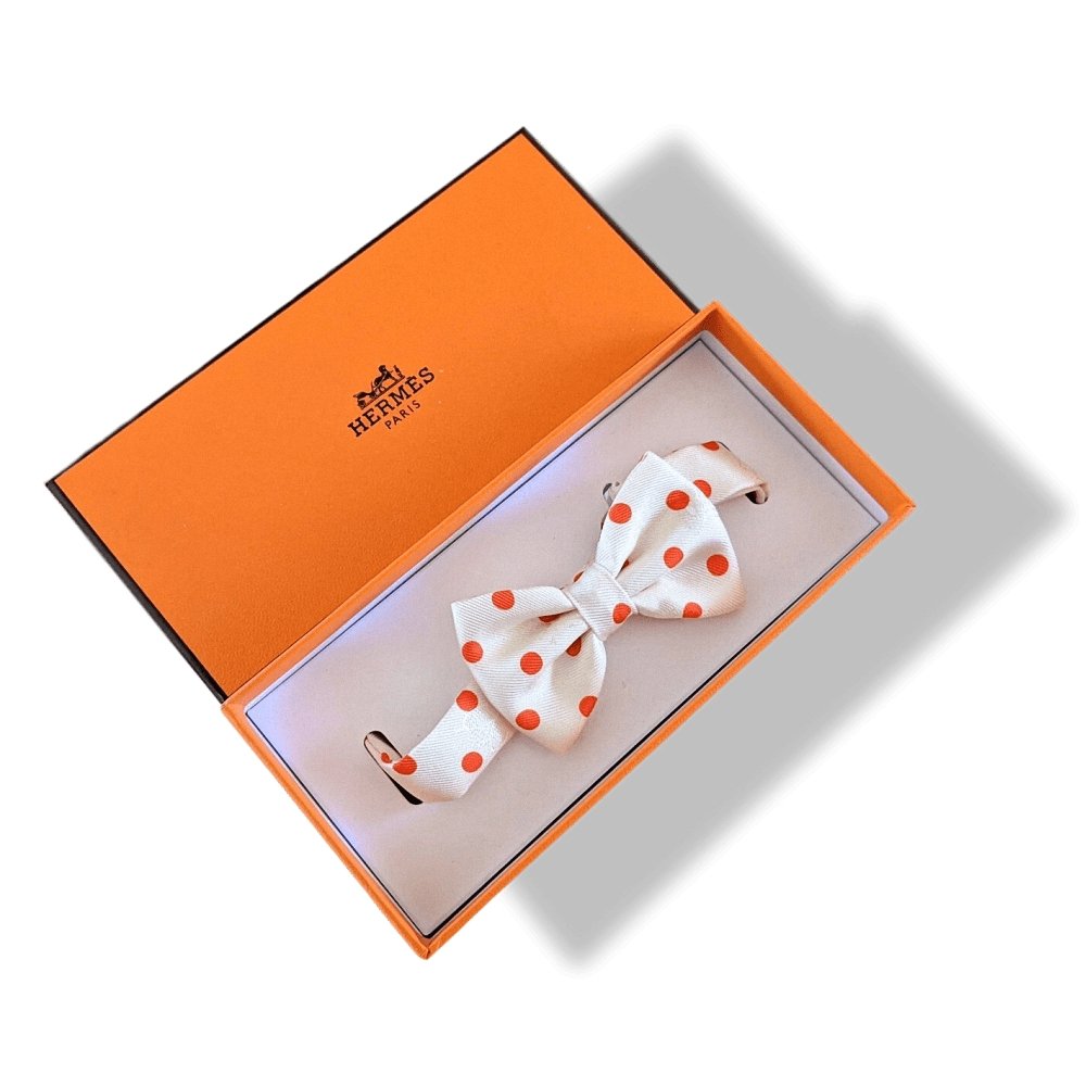 Hermes Off-White/Orange Dots Purple Red NOEUD PAPILLON EN CARRE Bow Tie for Woman Jacquard Twill Silk, BNIB! - poupishop