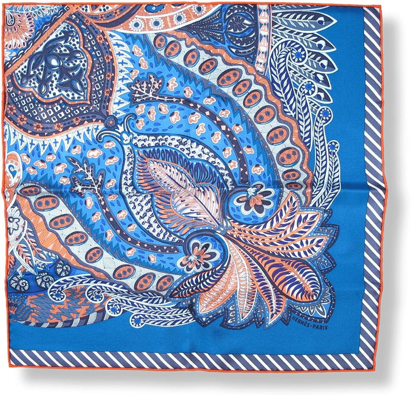 Hermes Orange Blue Jardin de la Maharani Decadre by Annie Faivre Twill Gavroche 42cm, New! - poupishop